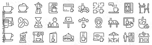 Modern cafe and coffee shop icon set including coffee drinks, barista tools, menu, ordering, payment, delivery and digital cafe services. Clean outline vector icons for apps, UI and branding.