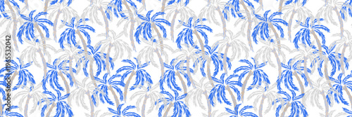 Seamless tropical palm tree vector pattern in blue and light gray on white background. Elegant summer design for wallpaper, fabric, textiles, packaging, and decor