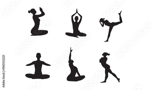 Yoga poses silhouette set of 6 female figures, black minimalist meditation icons, wellness and fitness exercise vector elements for health branding