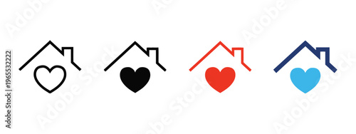 A series of four minimalist house icons featuring heart symbols in various different color styles isolated on white background, Vector, illustration