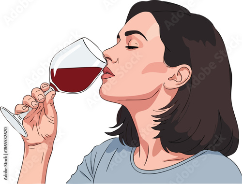 Realistic woman drinking wine in an isolated white background.