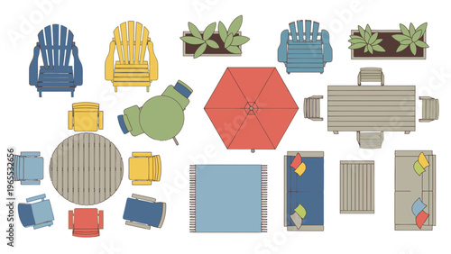 Top View Outdoor Patio Furniture Set Vector Illustration, Modern Garden Lounge Seating Arrangement Graphic, Lifestyle and Relaxation Concept