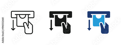 Three variations of an icon showing a human hand inserting a card into an automated teller machine isolated on white background, Vector, illustration