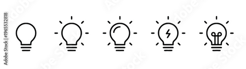 A series of five black and white line art light bulb icons representing different design stages isolated on white background, Vector, illustration