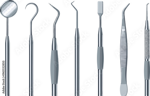 Dental Instrument Vector Illustration Showing Mirror Probe Scaler Spatula Tweezers