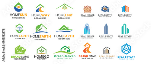 Modern real estate logo collection, 18 professional home and property branding icons, eco-friendly green house symbols and corporate building vector set