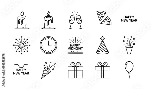 Set of 9 happy new year linear icons with champagne fireworks clock and party celebration elements
