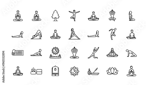 Modern yoga linear icon pack with meditation poses chakra lotus and wellness elements for UI design