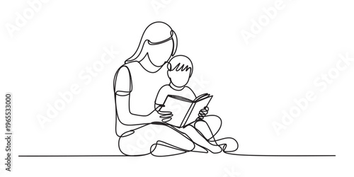 Continuous line drawing of a mother sitting down and reading a book to her young small child
