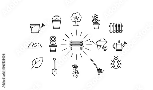 Garden outline icon collection with tree plant fence flower and landscaping symbols for web UI
