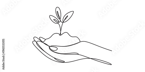Continuous line drawing of a human hand holding a small plant growing out of a mound of dark soil