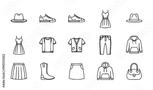 Fashion outline icon collection with clothes sneakers hats and apparel symbols for web UI