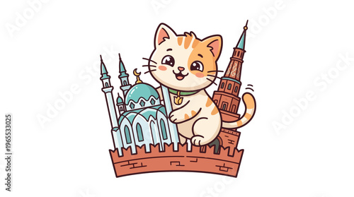 Cute Cartoon Cat with Famous Kazan Landmarks