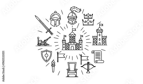 Medieval outline icon set with knight castle sword crown and historical symbols for web UI