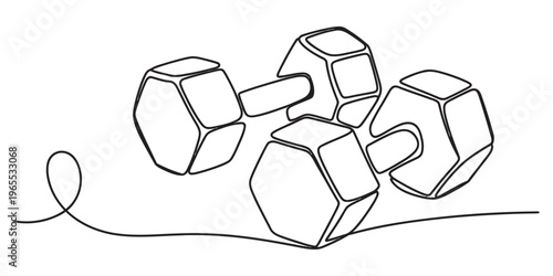 A single continuous line drawing of a hex dumbbell used for fitness training and bodybuilding