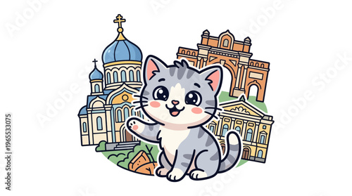 Cute Cartoon Cat with Ukrainian Landmarks