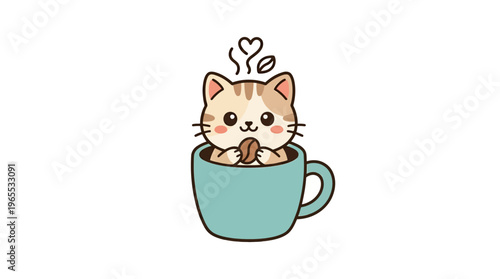 Cute Cat in Coffee Cup Holding Coffee Bean