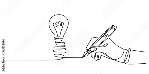 A single continuous line drawing of a hand holding a pen creating a bright lightbulb illustration