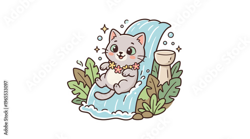 Cute Cartoon Cat Relaxing on Waterfall