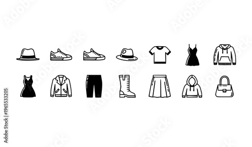 Modern clothes line icon collection with sneakers hats dress and fashion apparel elements