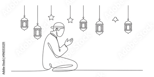 Continuous line drawing of a muslim man praying with hanging lanterns and stars in the background