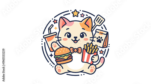 Cute Cat with Fast Food and Star Accents