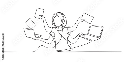 Continuous line drawing of a multitasking person managing multiple digital devices at once