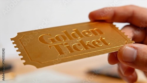 Hand holding a shiny embossed golden ticket, suitable for concepts of success, opportunity, prize, admission, award, and luxury.