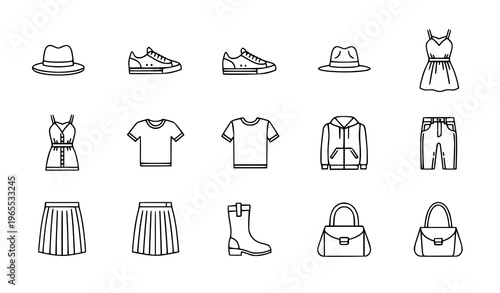 Clothes linear icon set with sneakers hats dress cardigan and fashion apparel elements for UI design