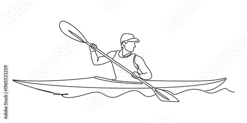 A single line drawing illustration of a person paddling a kayak on the calm water of a river.