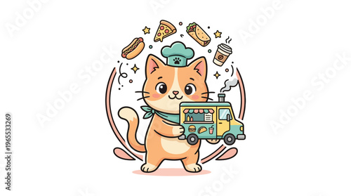 Cute Cat Chef with Food Truck and Assorted Snacks