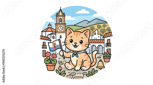 Cute Cartoon Cat Celebrating in European Town