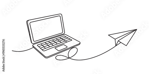 A single continuous line drawing of a laptop computer connected to a flying paper airplane icon