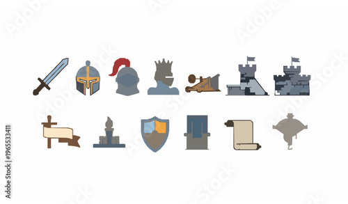 Modern medieval line icon collection with knight castle sword crown and fantasy elements