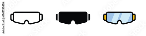 A set of three protective safety goggles icons shown in outline, solid, and colorful flat styles isolated on white background, Vector, illustration