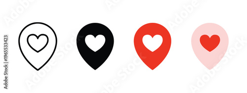 A collection of four distinct map pin icons featuring heart shapes in different design styles isolated on white background, Vector, illustration