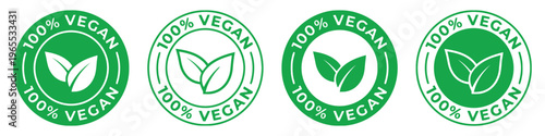 A set of four circular green stamps featuring a leaf icon and the text 100 percent vegan inside isolated on white background, Vector, illustration