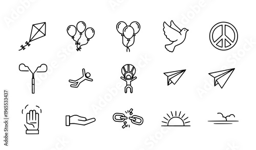 Freedom outline icon set with dove kite balloons peace and flying concept elements for UI design