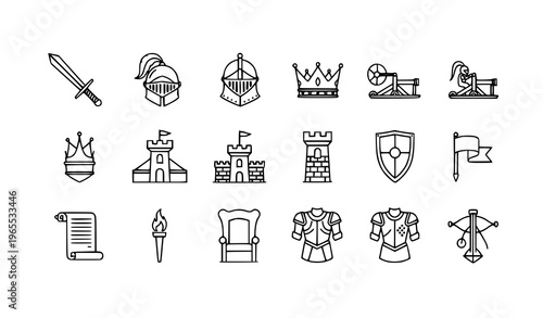 Linear medieval icon pack with knight castle sword queen and historic elements for UI design