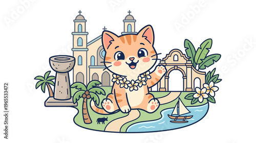 Cute Cartoon Cat Welcoming Visitors to a Tropical Paradise