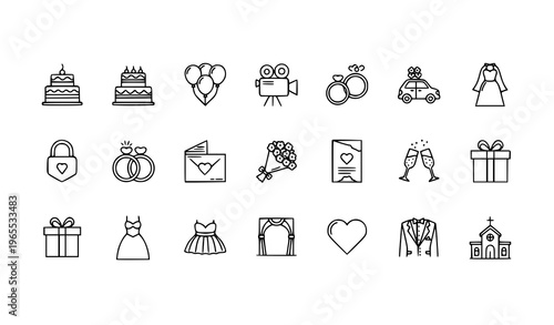 Modern wedding linear icon pack with cake rings car balloons and romantic celebration elements for UI design