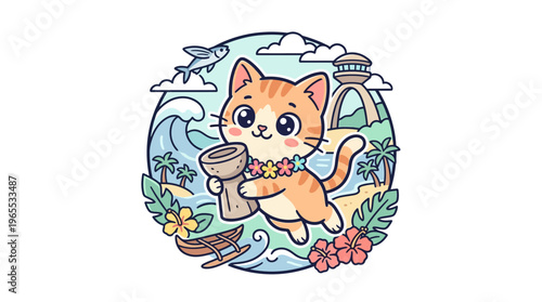 Cute Cartoon Cat with Lei in Tropical Scene