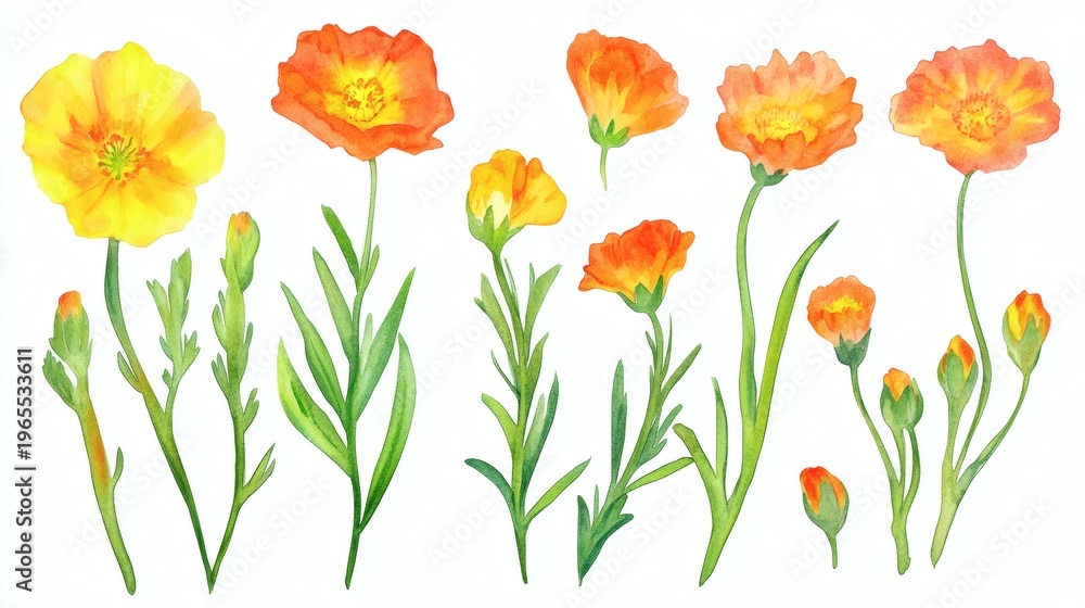 Obraz premium Watercolor painting of delicate orange and yellow poppy-like flowers on slender green stems, arranged in a horizontal row on white background