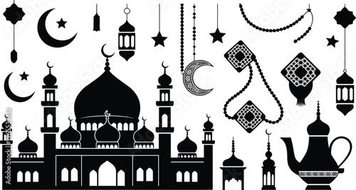 Islamic ramadan kareem celebration elements set with mosque silhouette crescent moon hanging lanterns stars prayer beads and traditional teapot for eid mubarak festival design.
