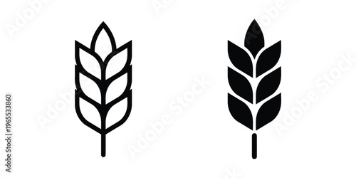 Two distinct wheat stalk icons featuring a simple outline version and a solid black silhouette style isolated on white background, Vector, illustration
