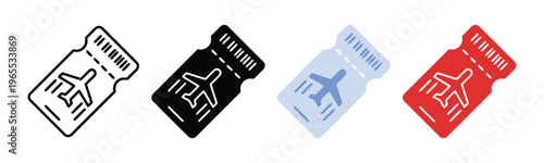 A collection of four diverse icon designs depicting a standard airline ticket for air travel use isolated on white background, Vector, illustration
