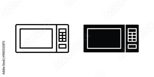 A pair of microwave oven icons shown in both outline and solid black style for kitchen appliance isolated on white background, Vector, illustration