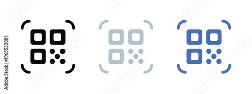 A set of three stylized qr code scanning icons presented in black gray and blue color variations isolated on white background, Vector, illustration