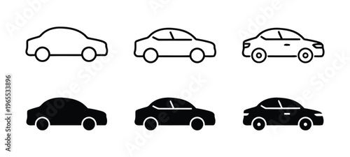 A collection of six simple car icons displayed in both outline and solid black silhouette styles. isolated on white background, Vector, illustration