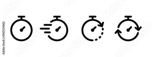 A set of four minimalist black line icons representing different stages of time and fast motion isolated on white background, Vector, illustration